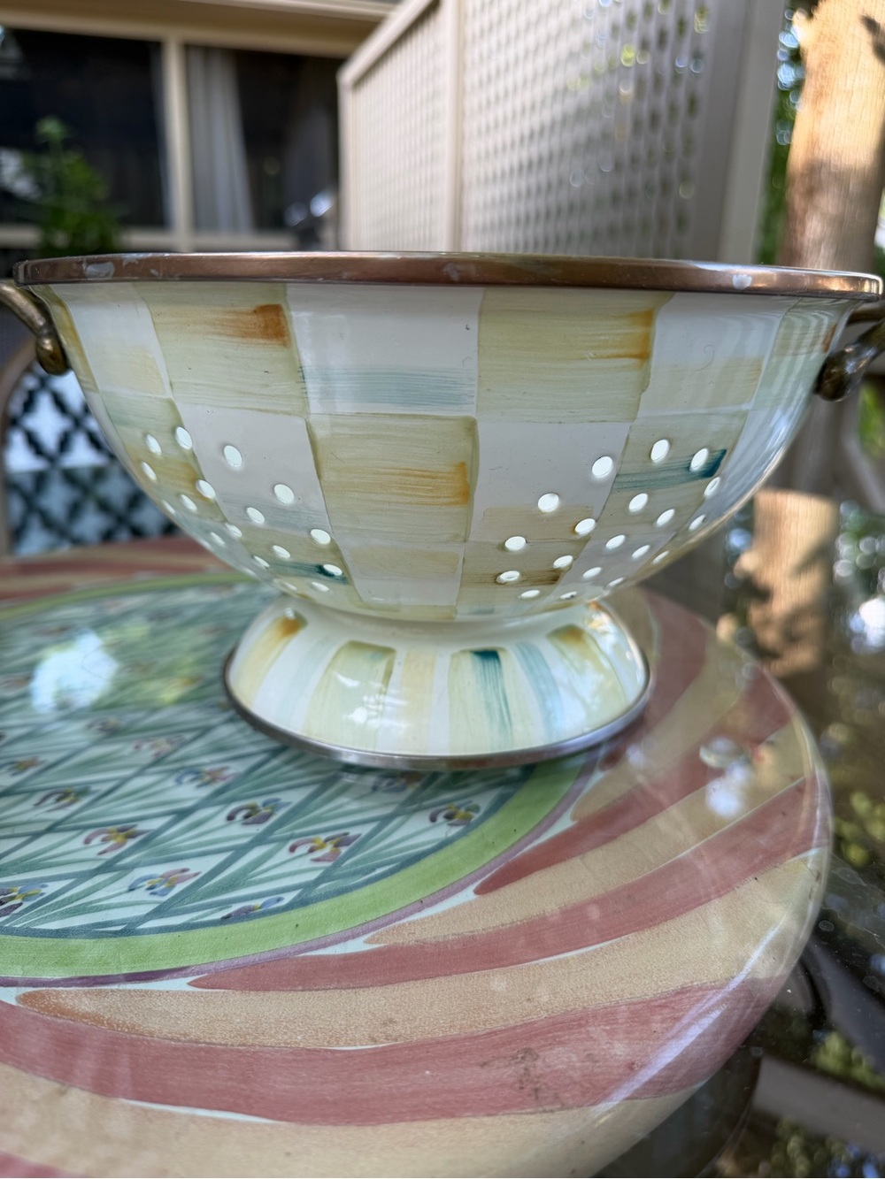 MacKenzie-Childs parchment enamel Cream Checkered Pedestal Colander vintage
